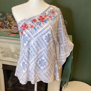 Savanna Jane Blue and‎ White Floral embroidered one shoulder blouse